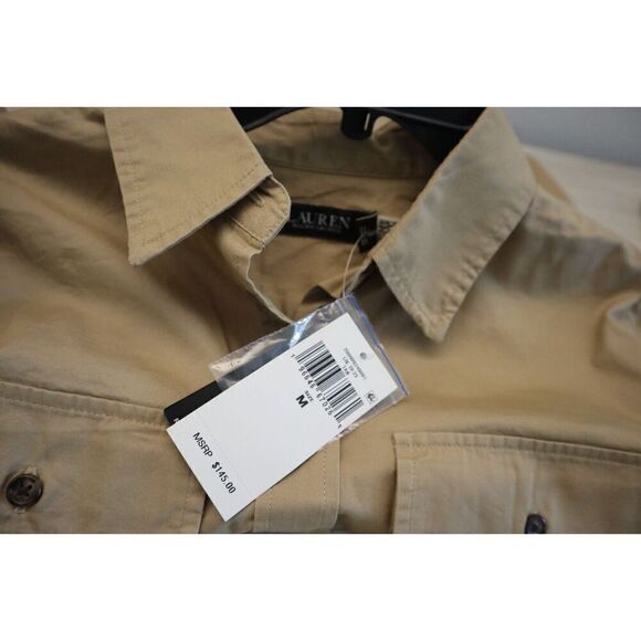 Lauren Ralph Lauren Women Sz M Tan Leather Patch Featherweight Twill Shirt - Picture 5 of 12
